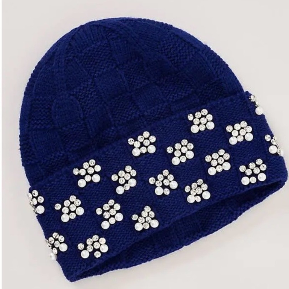 Anthropologie Maeve Checkered Crystal and Pearl Beanie - Black NWT
